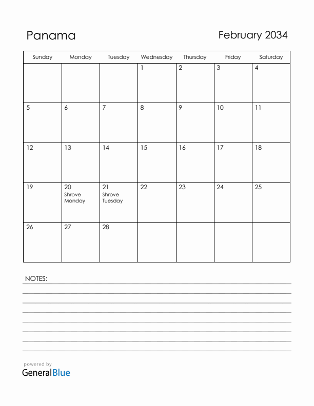 February 2034 Panama Calendar with Holidays (Sunday Start)
