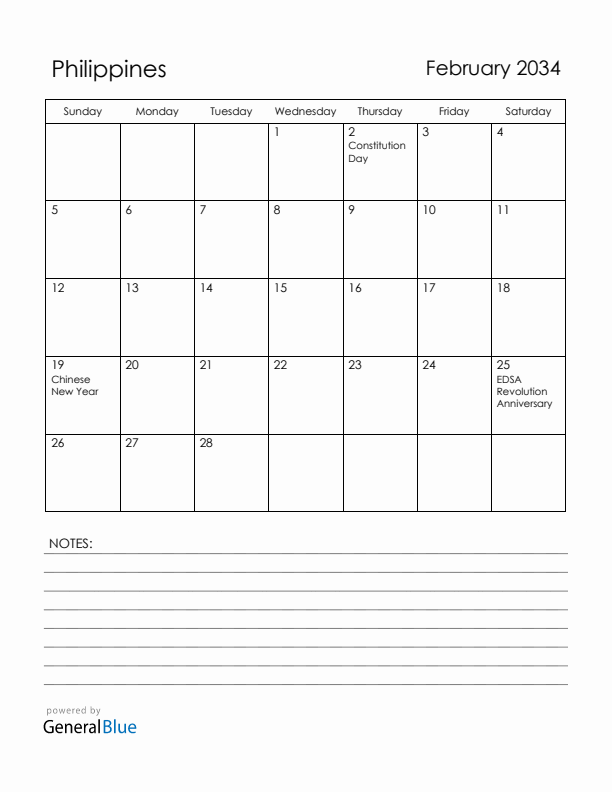 February 2034 Philippines Calendar with Holidays (Sunday Start)
