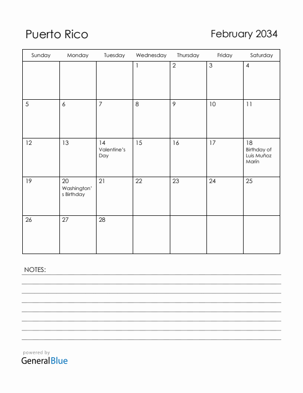 February 2034 Puerto Rico Calendar with Holidays (Sunday Start)