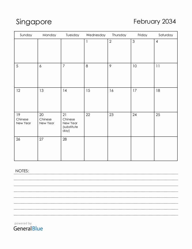 February 2034 Singapore Calendar with Holidays (Sunday Start)