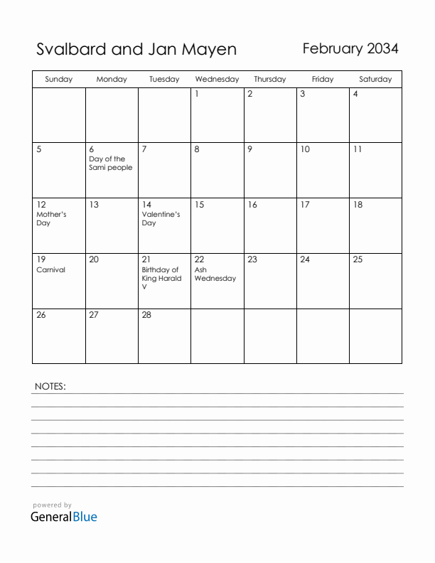 February 2034 Svalbard and Jan Mayen Calendar with Holidays (Sunday Start)