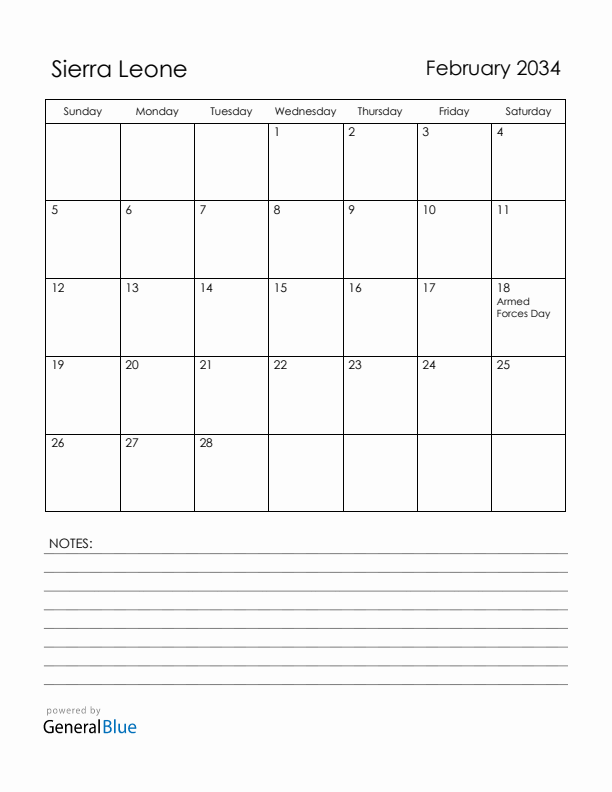 February 2034 Sierra Leone Calendar with Holidays (Sunday Start)