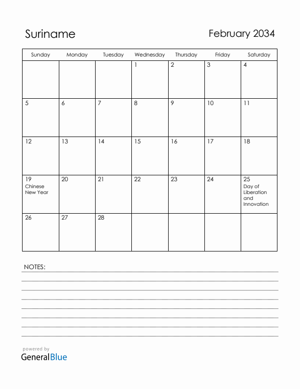 February 2034 Suriname Calendar with Holidays (Sunday Start)
