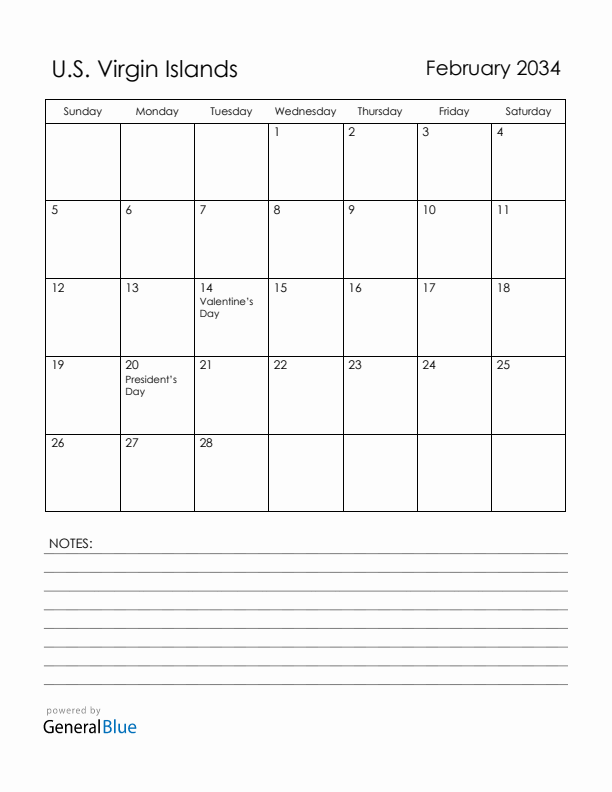 February 2034 U.S. Virgin Islands Calendar with Holidays (Sunday Start)