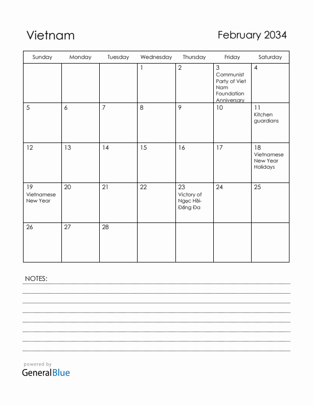 February 2034 Vietnam Calendar with Holidays (Sunday Start)