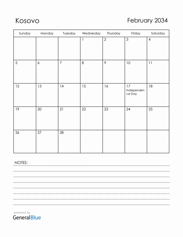 February 2034 Kosovo Calendar with Holidays (Sunday Start)