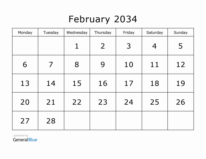Printable February 2034 Calendar - Monday Start