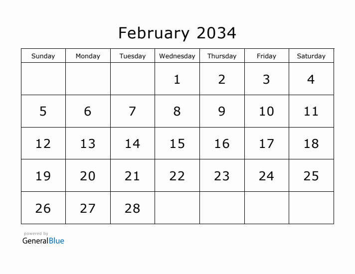 Printable February 2034 Calendar - Sunday Start