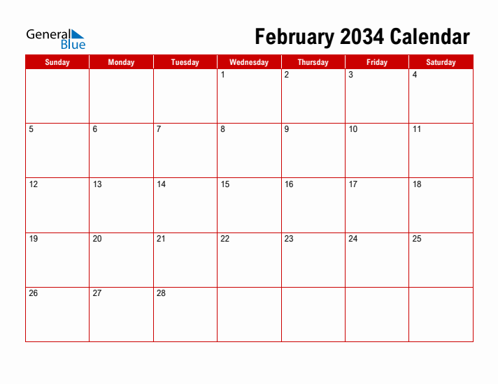 Simple Monthly Calendar - February 2034