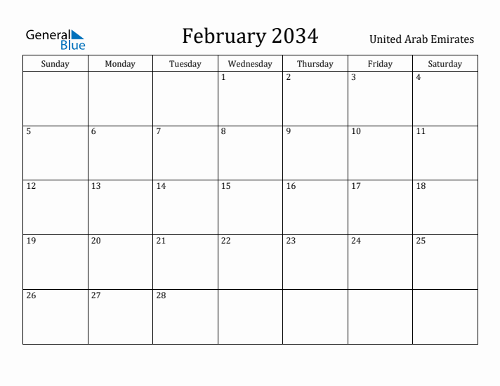 February 2034 Calendar United Arab Emirates