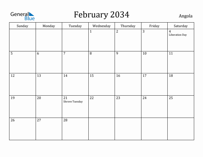February 2034 Calendar Angola