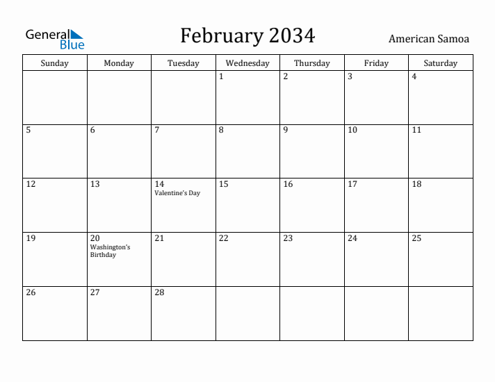 February 2034 Calendar American Samoa