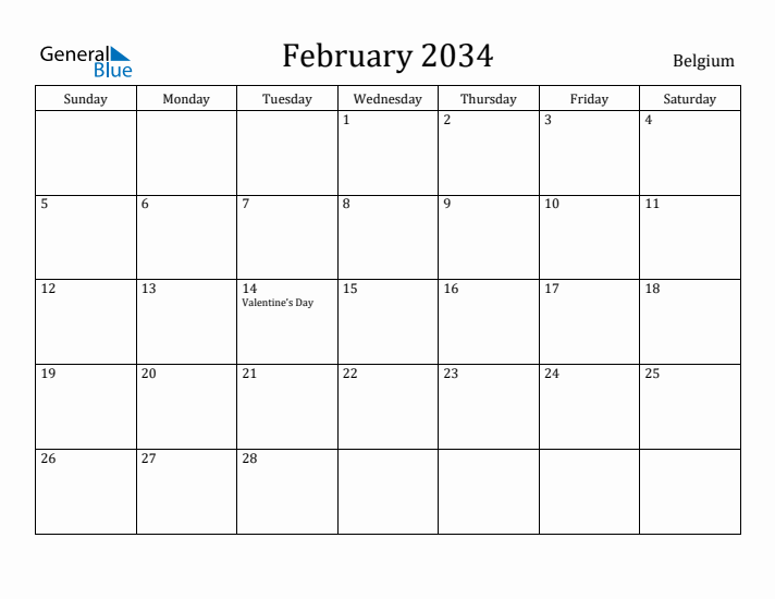 February 2034 Calendar Belgium