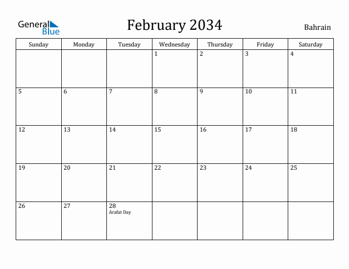 February 2034 Calendar Bahrain