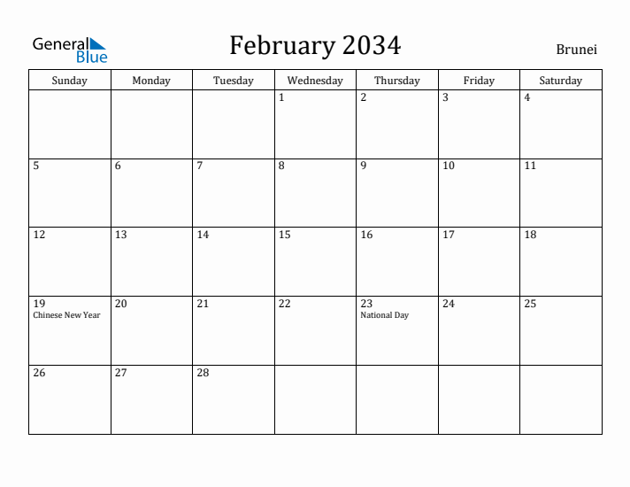 February 2034 Calendar Brunei