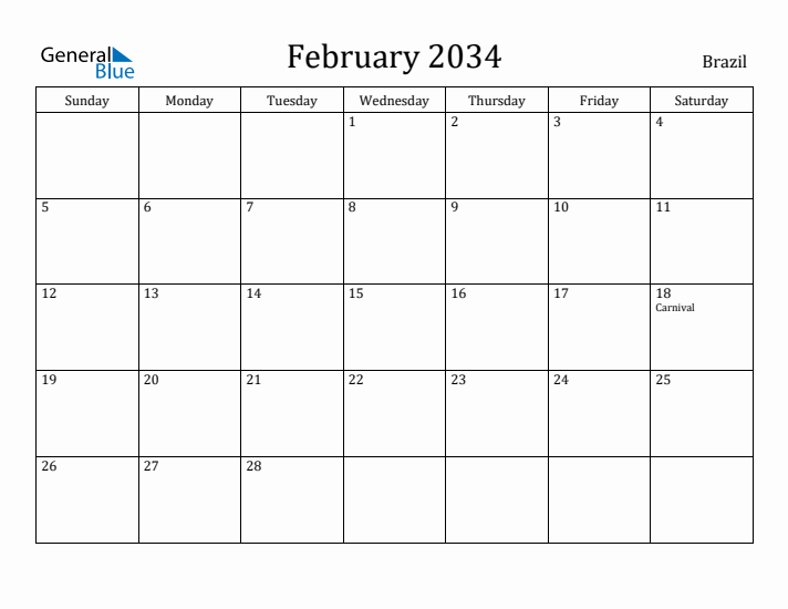 February 2034 Calendar Brazil
