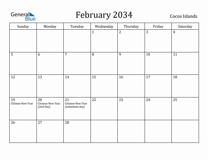 February 2034 Calendar Cocos Islands