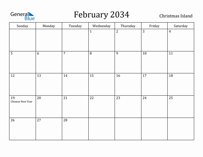 February 2034 Calendar Christmas Island