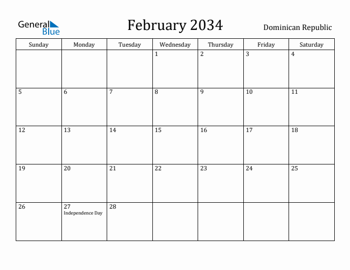 February 2034 Calendar Dominican Republic