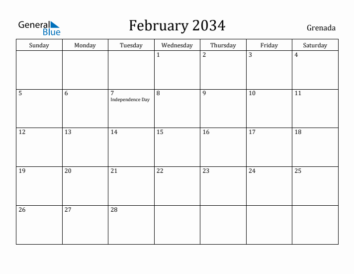 February 2034 Calendar Grenada