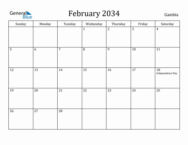 February 2034 Calendar Gambia