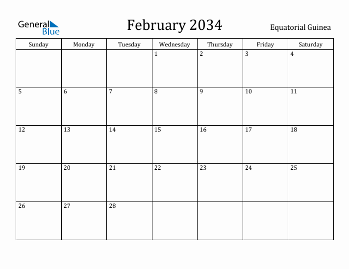 February 2034 Calendar Equatorial Guinea