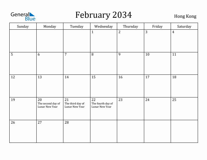 February 2034 Calendar Hong Kong