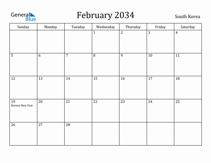 February 2034 Calendar South Korea