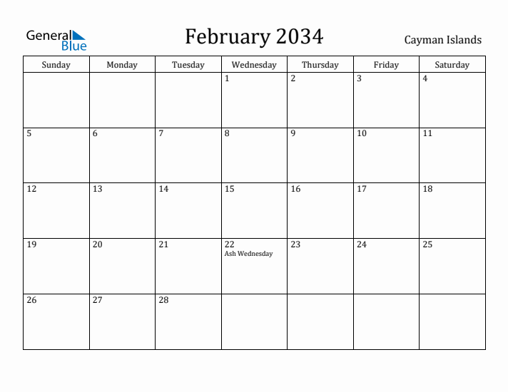 February 2034 Calendar Cayman Islands