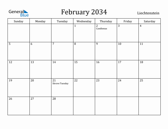 February 2034 Calendar Liechtenstein