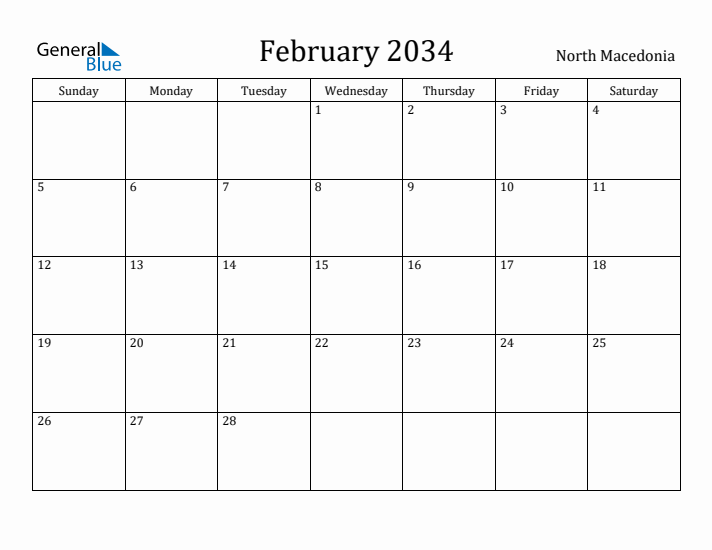 February 2034 Calendar North Macedonia