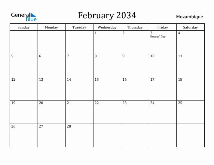 February 2034 Calendar Mozambique