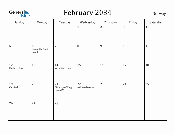 February 2034 Calendar Norway