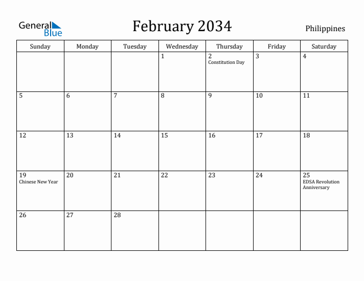 February 2034 Calendar Philippines