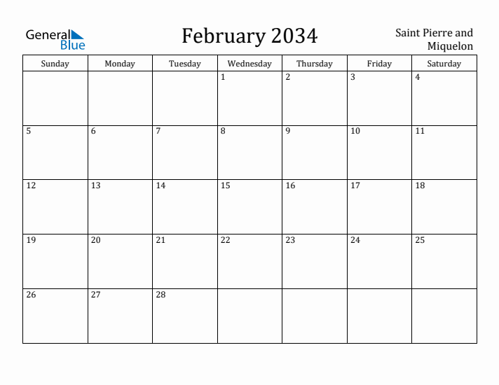 February 2034 Calendar Saint Pierre and Miquelon