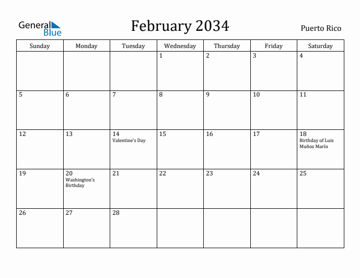February 2034 Calendar Puerto Rico