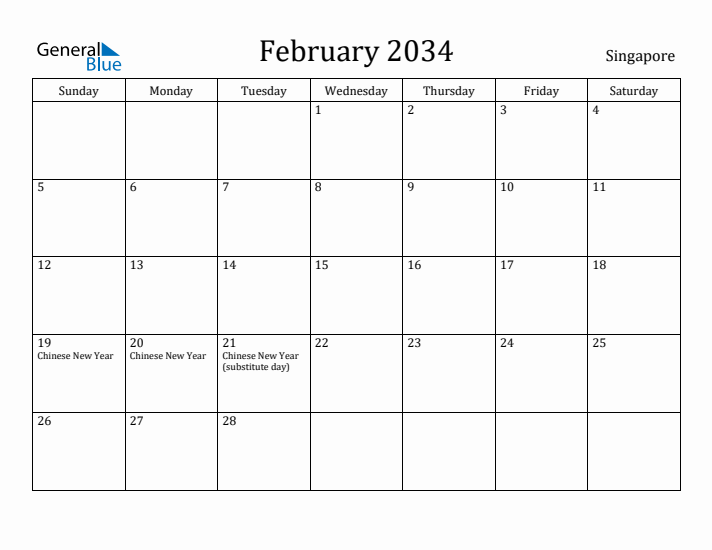 February 2034 Calendar Singapore