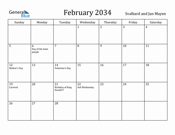 February 2034 Calendar Svalbard and Jan Mayen