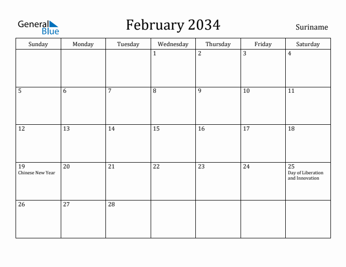 February 2034 Calendar Suriname