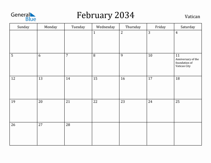 February 2034 Calendar Vatican