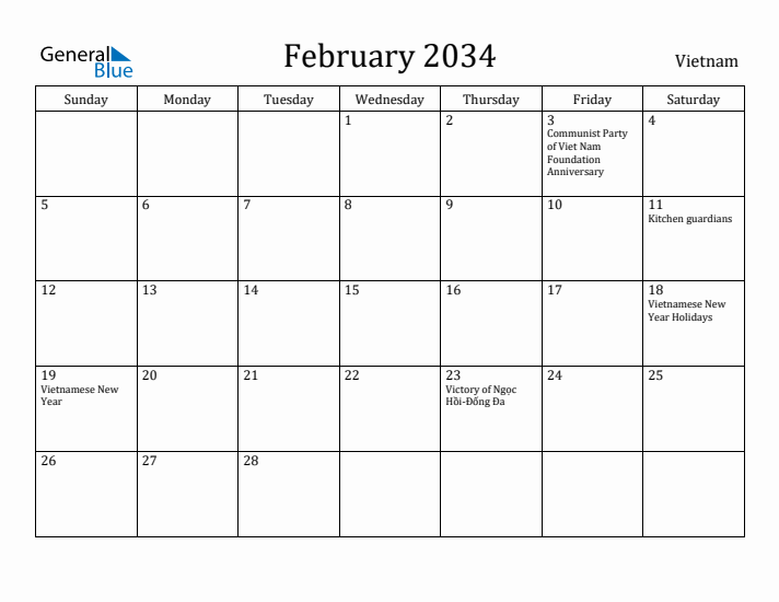 February 2034 Calendar Vietnam