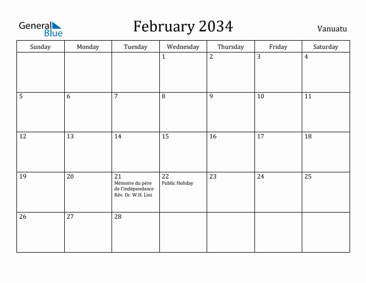 February 2034 Calendar Vanuatu