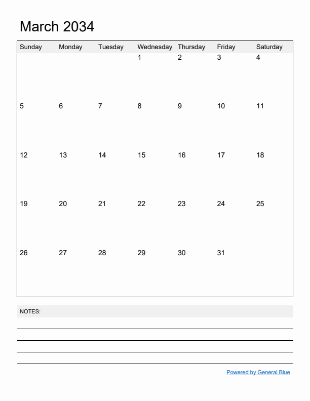 Basic Monthly Calendar Template for March 2034