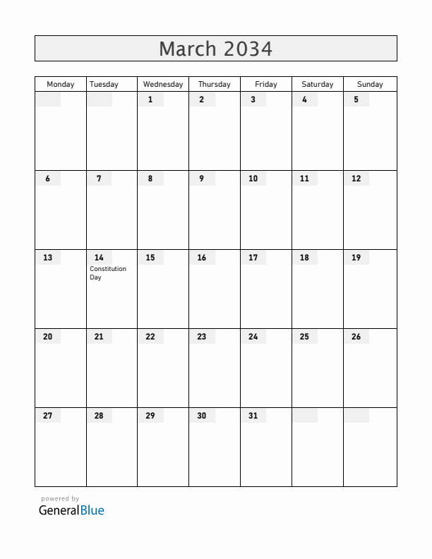 Andorra March 2034 Calendar with Holidays