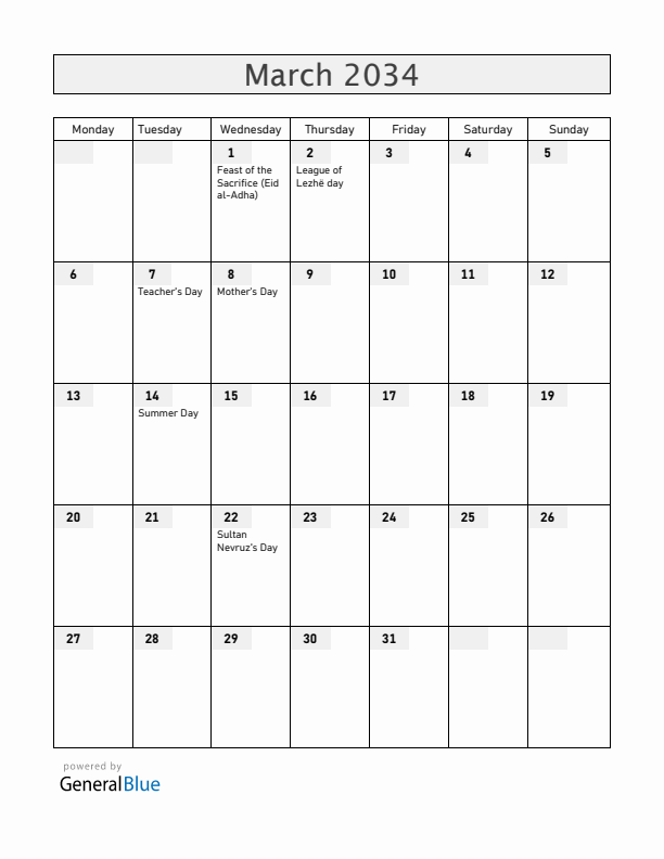 Albania March 2034 Calendar with Holidays