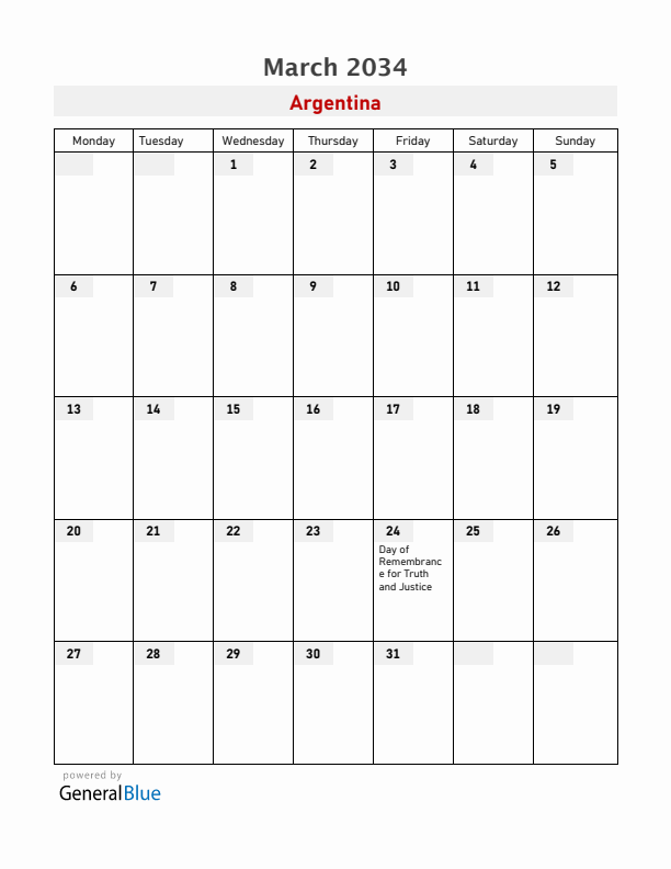 Argentina March 2034 Calendar with Holidays