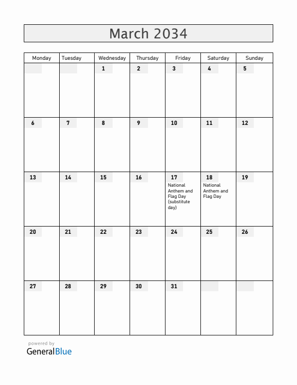 Aruba March 2034 Calendar with Holidays