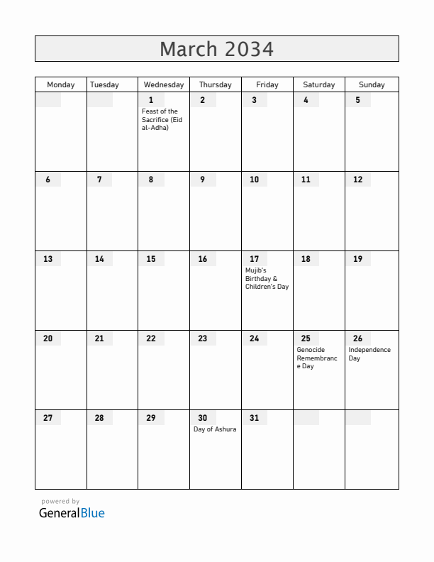 Bangladesh March 2034 Calendar with Holidays