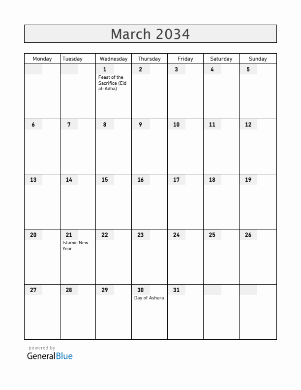 Bahrain March 2034 Calendar with Holidays