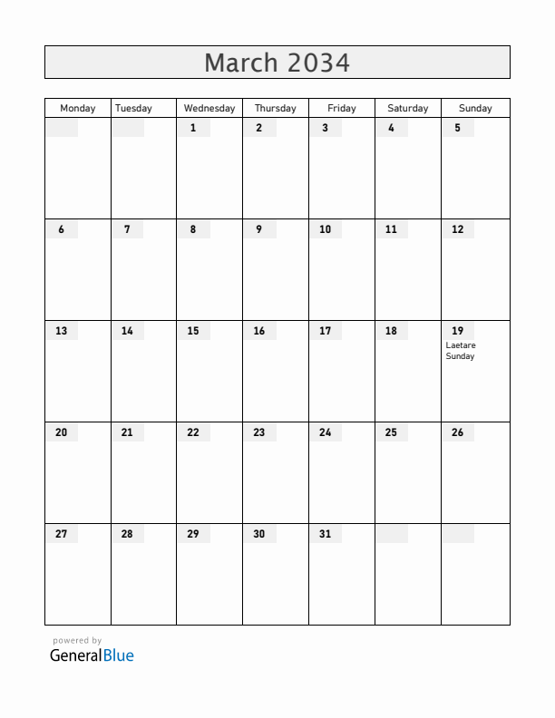 Saint Barthelemy March 2034 Calendar with Holidays